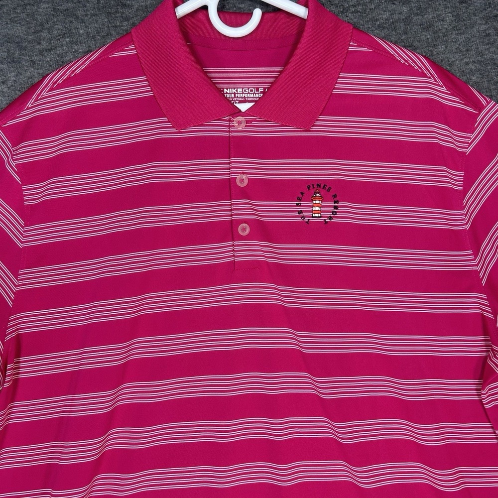Nike Golf Polo Mens XL Pink stripe Short‎ Sleeve Sea Pines Resort Dri Fit